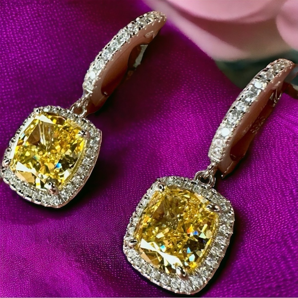NEW Fancy Canary Yellow High Carbon Diamond Simulant Dangle Drop Earrings - Picture 11 of 17